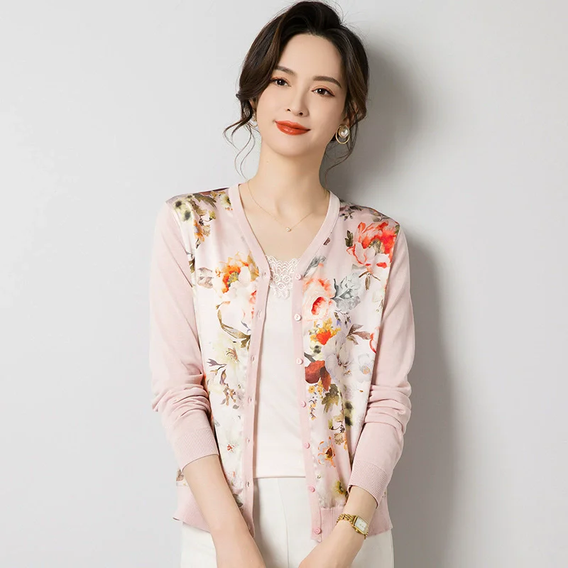 Birdsky, 1PC Women cardigan sweater outwear top long sleeve 90.2% mulberry silk 9.8% spandex print, S-1037