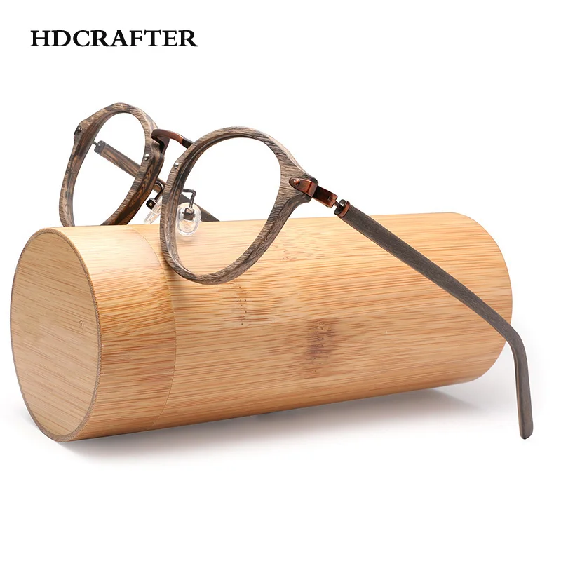 

HDCRAFTER Prescription Eyeglasses Frames For Men and Women Retro Round Wood Grain Optical Glasses Frame with Clear Lens