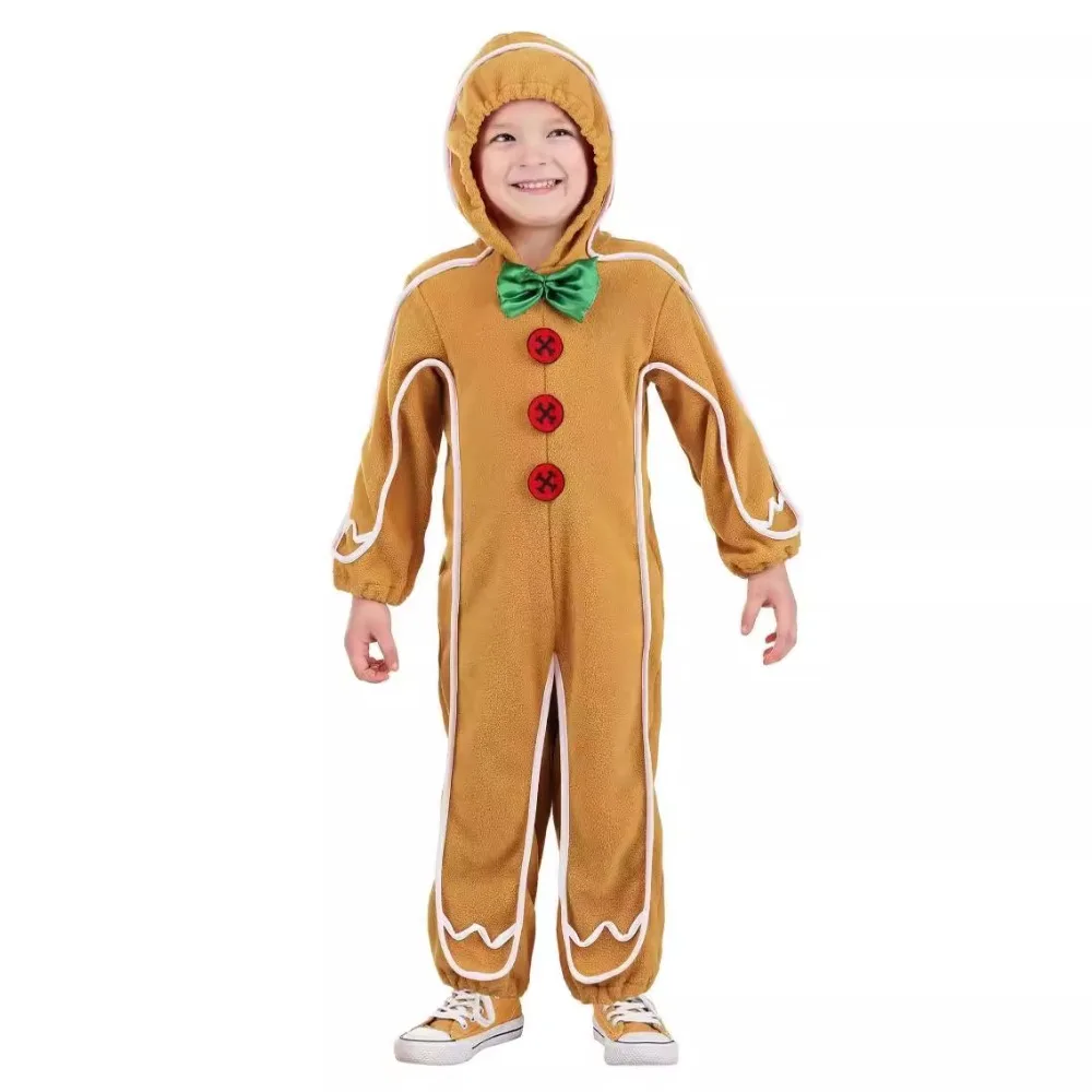 

Christmas Gingerbread Man Jumpsuit with Hood Children's Halloween Party Costume Cosplay Clothes Xmas Kids Pajamas Gifts Kit