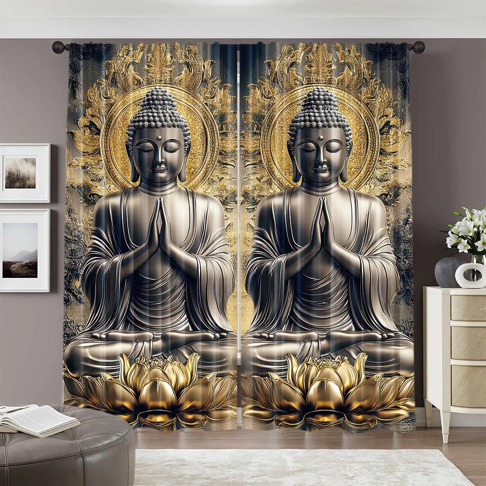 2pcs, 2D flat printing Party Curtains Two Buddhas Lotus Position Art 100% Polyester,Without Electricity Birthday Party Applies