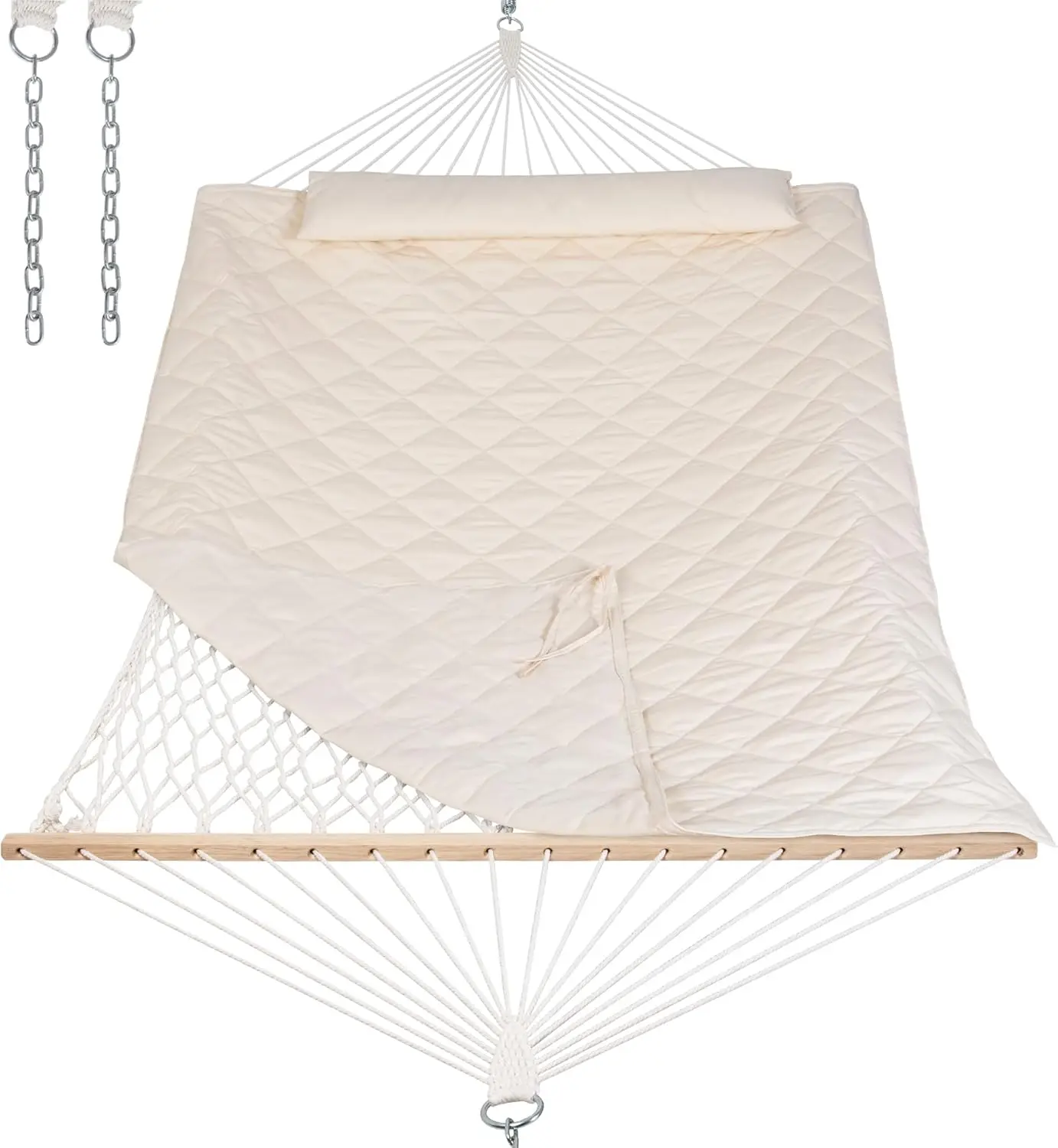 

Heavy Duty Outdoor Rope Hammock with Spreader Bars and Pad, Supports 450 LBS, Cream Color for Relaxation