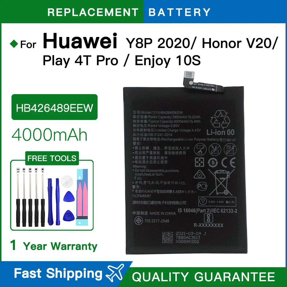 Brand new HB426489EEW 4000mAh Battery For Huawei Honor V20/Honor Play 4T Pro/Enjoy 10S Replacement batteria Battery +Free Tools