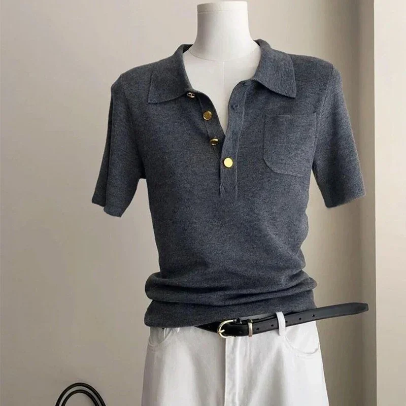 

Polo Collar Gray Short Sleeves T-shirt for Women Summer New High End Simply Temperament Pullover Tops Fashion Women Clothing