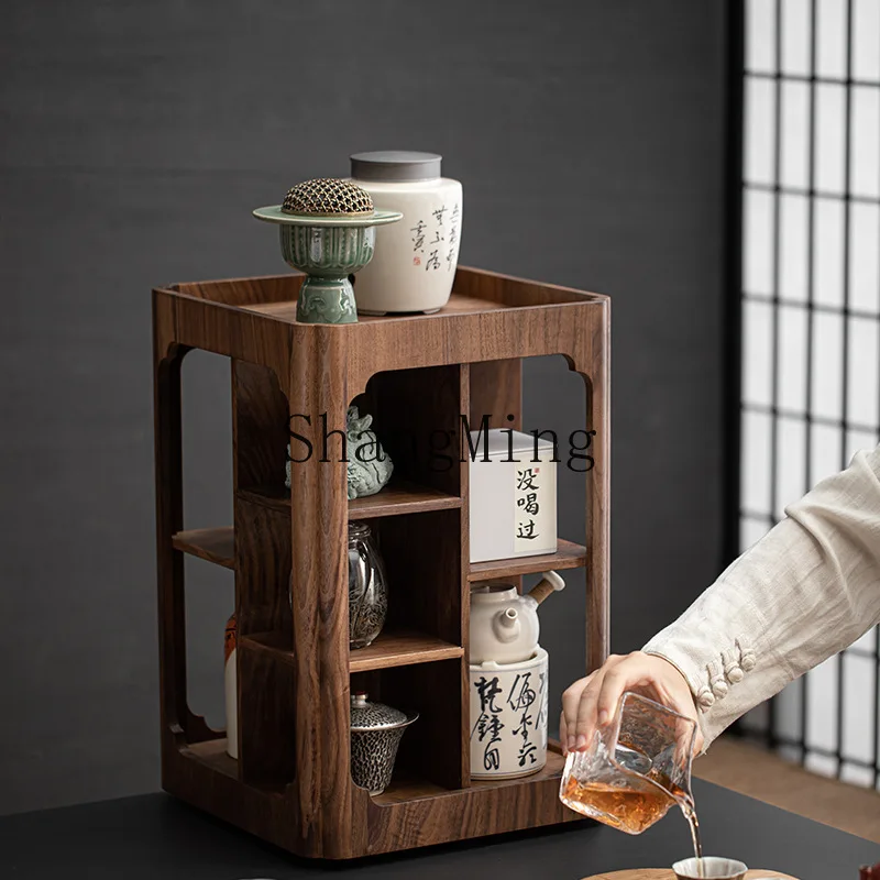 

ZYY black walnut rotating Linglong Pavilion home desktop storage tea cabinet ornament tea set teapot shelf