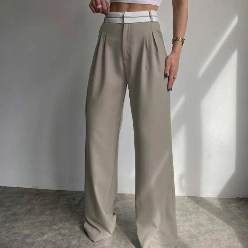 

New Solid Spliced Ptachwork Casual Office Lady Commute Straight Long Trousers Women Summer Spring Baggy Korean Suit Pants Korean