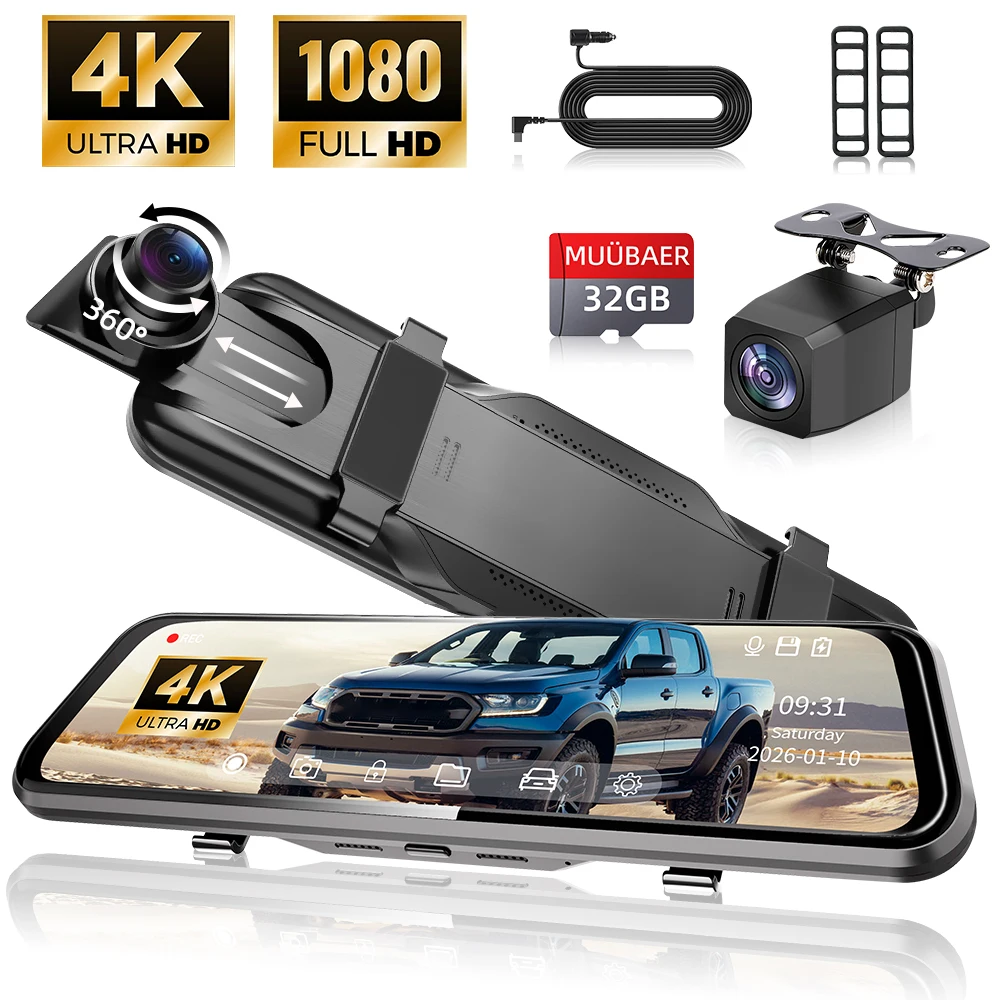 

10-дюймовый видеорегистратор с двумя камерами 4K — беспроводной CarPlay и Android Auto с голосовым управлением, ночным видением, камерой заднего вида, включая карту памяти 32 ГБ