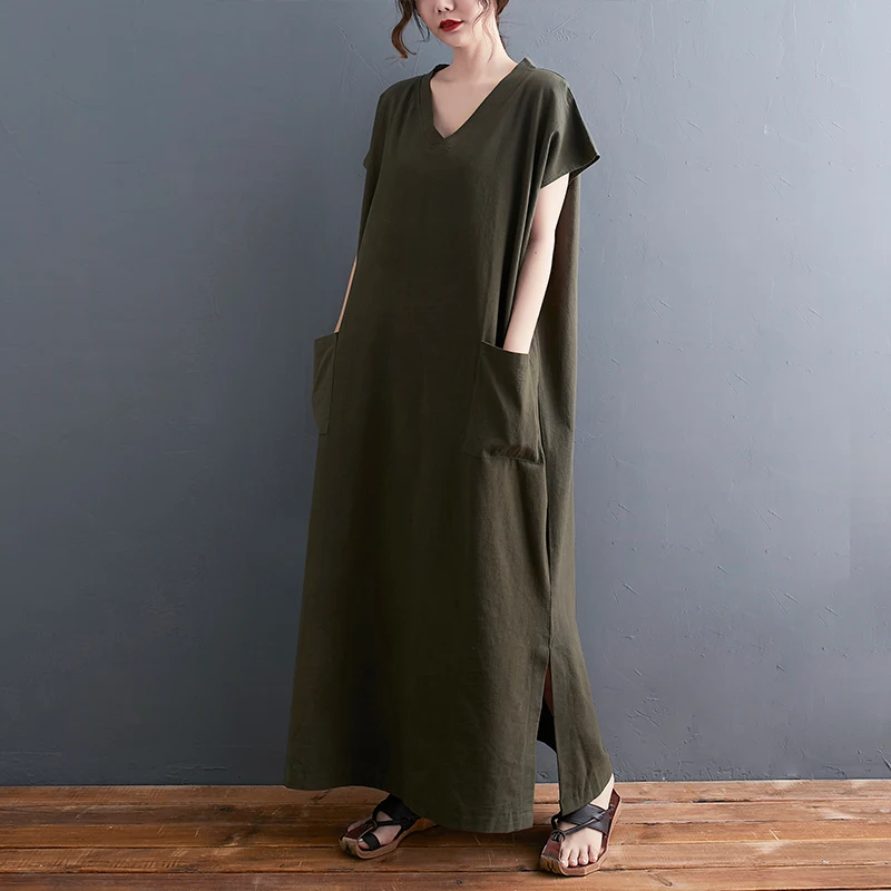 

plus Size Summer Cotton Linen Dress V-Neck Short Sleeve Loose Long Dress with Pockets Anti-Aging for Women over 200 Pounds