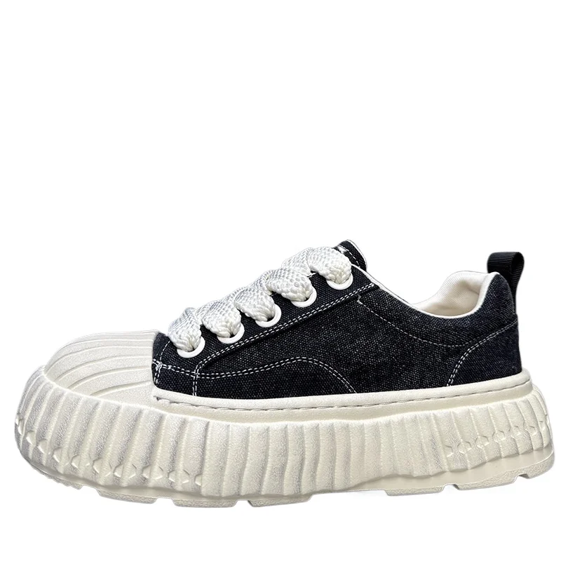 Retro Canvas Shoes Men's Black Thick Soled Vulcanized Shoes Comfortable Breathable Casual Sneakers Height Increasing Board Shoes
