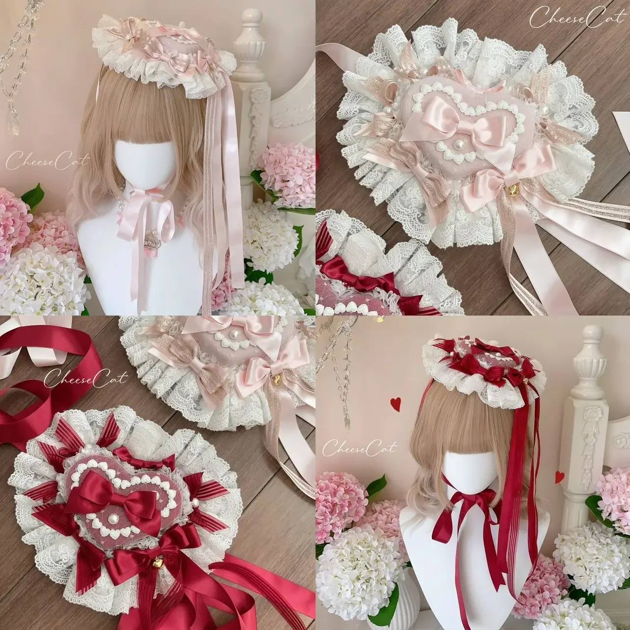 Ribbon Lolita Rural Straw Heart Pink Red Hat Girls BNT Bowknot Lace Flowers Bow Flat Cap t-bone Hat Anime Maid Cosplay Headband