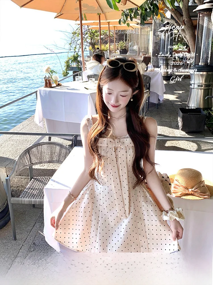 

Acaine Summer Polka Dot Belted Halter Dress Women's A-Line Skirt French Style Short Sleeve Knot Daily Wear Ladies' ...