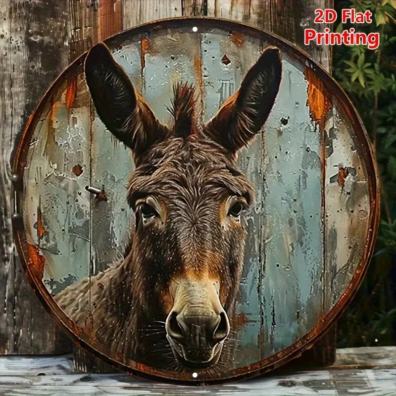 1 Stück Vintage Esel Kunst Aluminium Metallschild Rustikales Bauernhaus Runde Wanddekoration für Wohnzimmer, Bar, Café, Strandhaus |   Realistisch