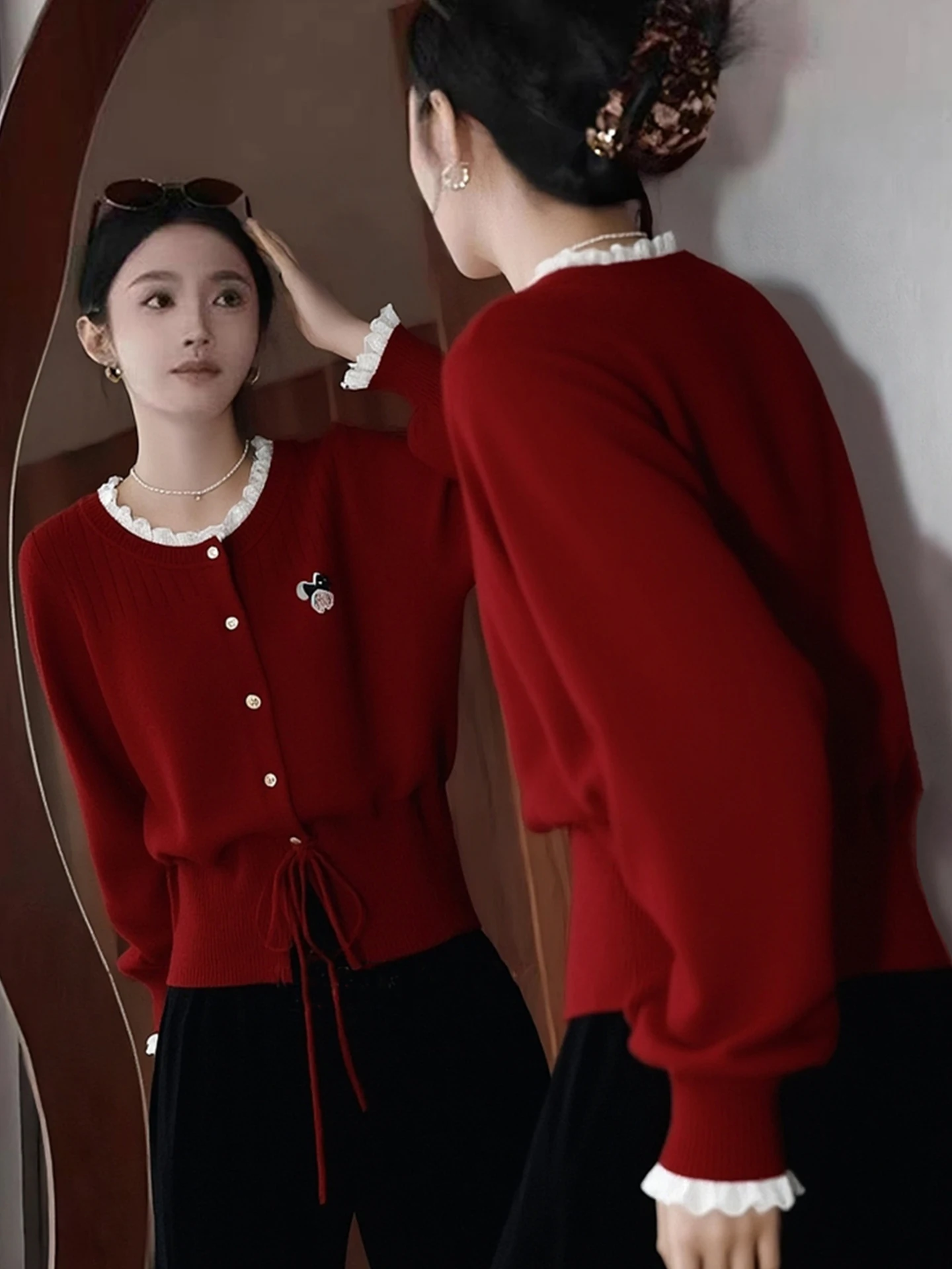 Koreanischer Sle Red Lace Trim Camere Knitwear Long Sve Waist Cinched Top Faionable Winter Faion Damenpullover