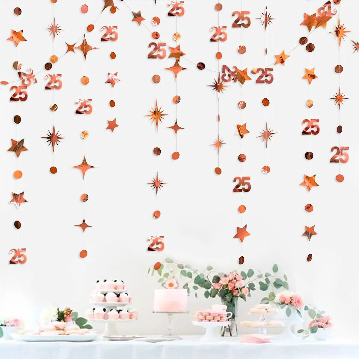 Rose Gold 25th 21th Girls Happy Birthday Banners Decorations Number Years Old Circle Dot Twinkle Star Garlands Hanging Streamers