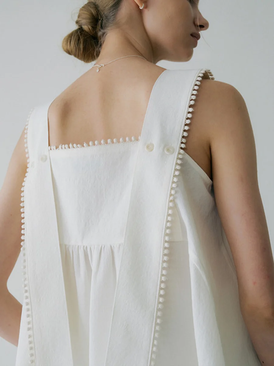 Delicate Pure White Lace Trim Loose One Shoulder Design Sensation Women's Tank Top Cotton Blend Comfortable Commute Style