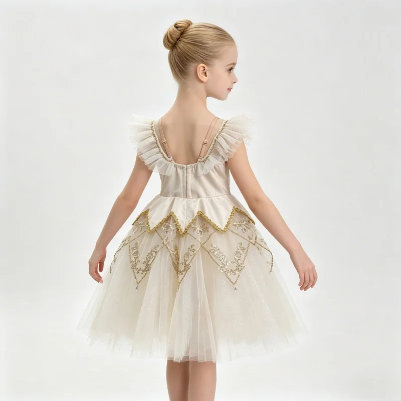 Kids champagne wing shoulder gold thread embroidery rhinestone ballet tutu court style performance dress for ballet competition