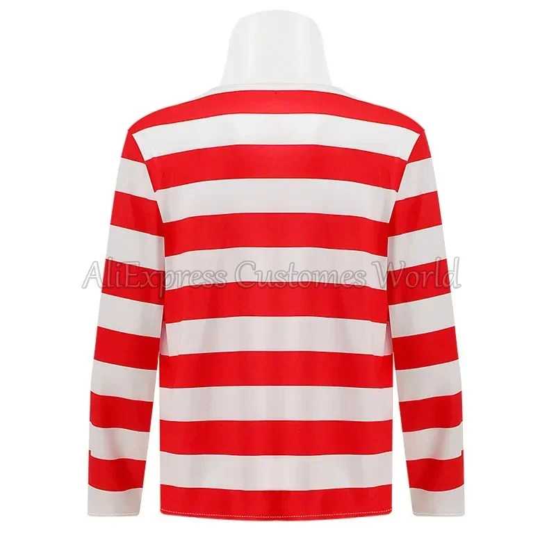 EE01 Unisex Wheres Waldo Cosplay Costume Wally Cos Red White Striped Shirt Shirt Glasses Hat For Adults Christmas HalloweenIo0！