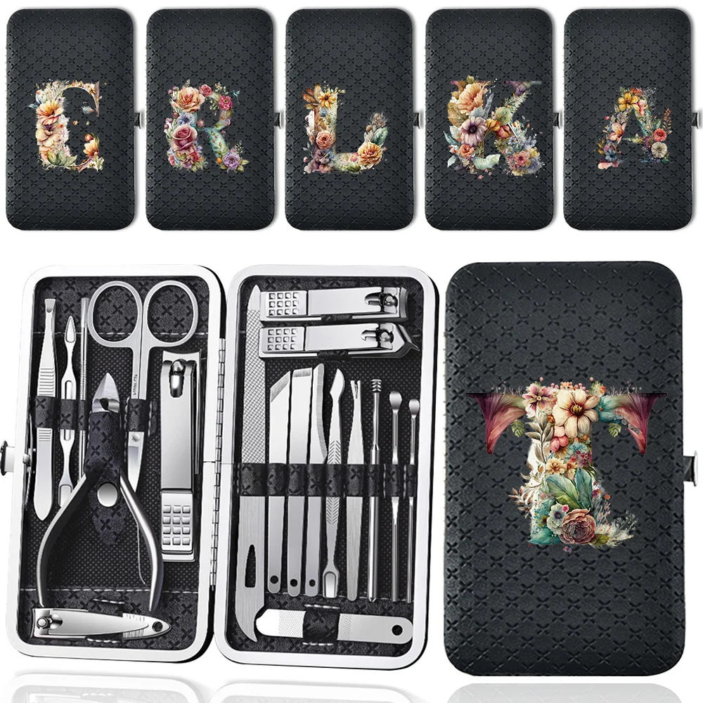 

Versatile 19 Pcs Nail Clippers Set Storage Box Nail Trimmers Tools Kit Nail Clippers Set Home Essentials Floral Letter Pattern