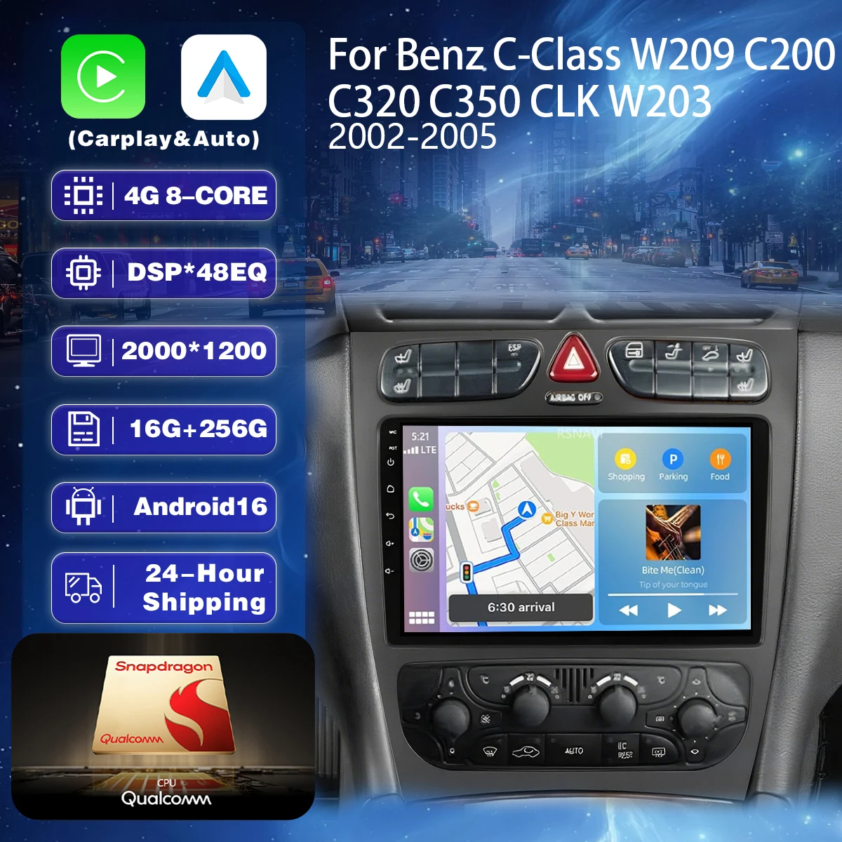 Автомагнитола Android 16 с CarPlay и Bluetooth для Mercedes-Benz W203 W209 C180 C200 C220 2004-2011, Wi-Fi+4G, GPS, 2DIN, головное устройство
