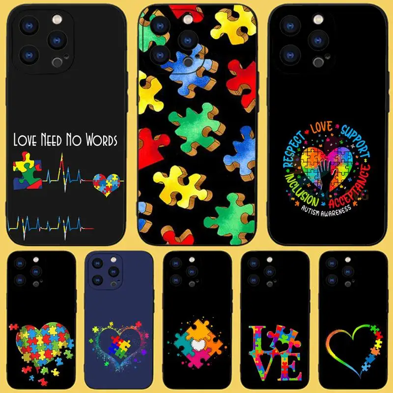 Autism Support Puzzle Phone Case For iPhone 15,14,13,12,11 Plus,Pro,Max,XR,XS,X,7,8 Plus,SE,Mini Black Silicone Soft