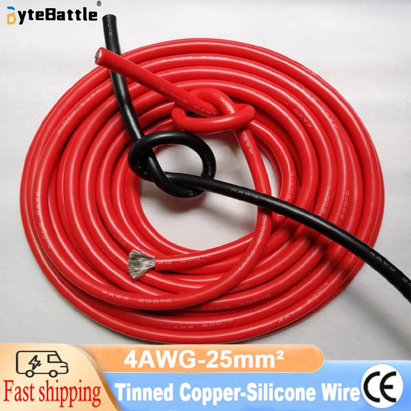 

4 AWG-25mm² Soft Silicone Cable 4 Gauge Battery Cable, High-Temperature Resistant (200°C, 600V) for Inverters, Cars and Vehicles