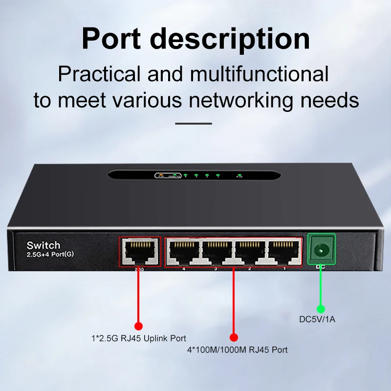 ONTi-Uplink Ethernet Switch, 1*2.5G RJ45 Port, 4*100/1000M RJ45 Ports, Home Lab Switch, Plug and Play