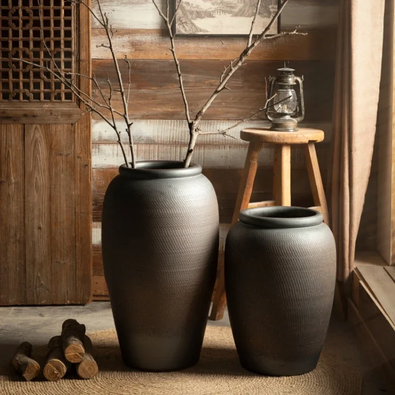 Chinese-style floor-to-ceiling ceramic vase handmade skipping pottery pot living room hotel homestay decoration ornament