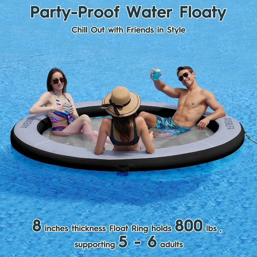 Rede de água de 8 pés, anel flutuante redondo de 8 polegadas de espessura com flutuadores de malha para adultos, tapete flutuante circular resistente para piscina infl