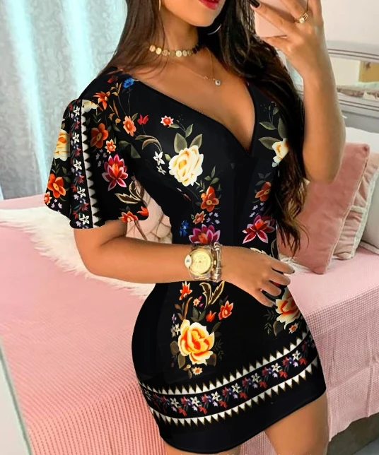 Women's Printed Dress Temperament Commuting Female Clothing Women New Fashion V-Neck Short Sleeve Casual Skinny Dresses