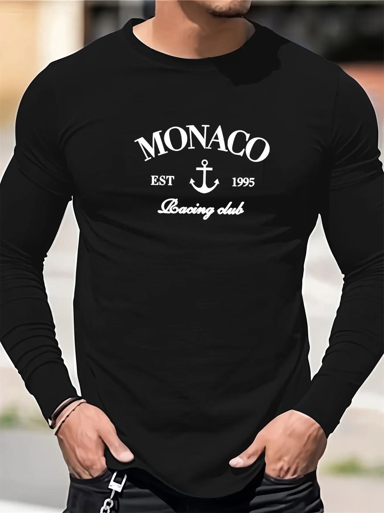 Monaco letter pattern printed men's casual long sleeved round neck loose  autumn and winter T-shirt EST 1995 top versatile