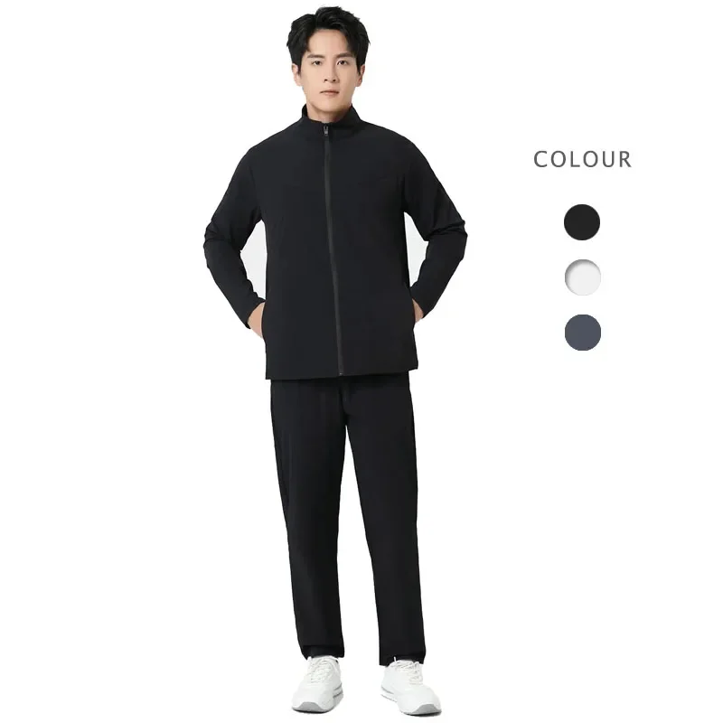 Men's Nylon Sports Training Suit Quick-Dry Long Pants and Long-Sleeve Stand Collar Jacket for Spring Running Fitness