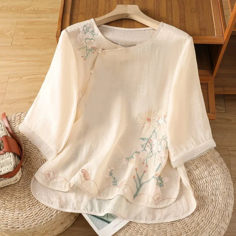 Blusas de estilo chino para mujer, camisas bordadas, ropa holgada de verano a la moda, Tops coreanos de lino y algodón de manga corta para mujer