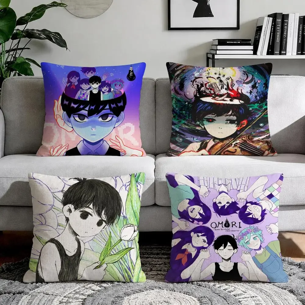 O-Omori Video Game Anime Retro Cushion Cover Organic Natural Linen Pillowcase with Double Sided Print for Sofa Home Decor Gift