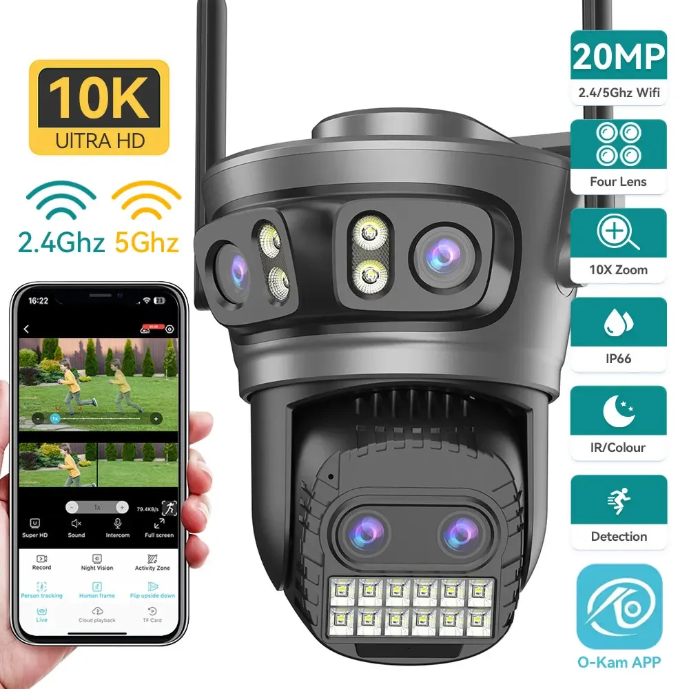 20MP 8K Four Lens Three Screens 10X Zoom Home Surveillance Camera Wifi Camera 10MP 5K Security Protection Auto Tracking Outdoor
