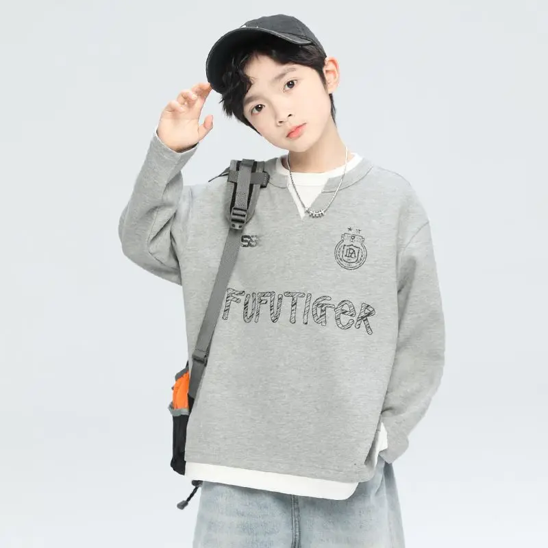 Boys' Mid-Large Size 2025 Spring Autumn New Fake Two-Piece Layered Stylish Sweatshirt