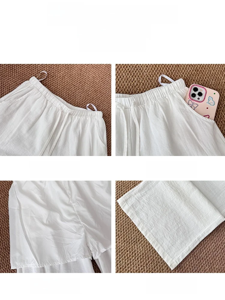 白い綿麻ワイドレッグパンツ レディース 夏 薄手 ゆったり カジュアル ラフ 小さいサイズ スリム ハイウエスト マキシ丈 ストレートパンツ