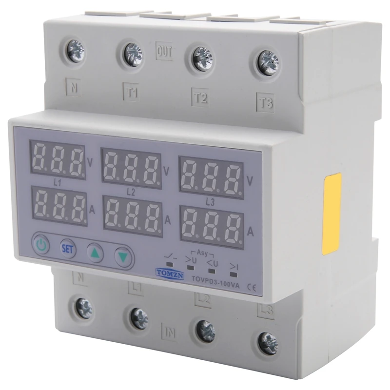 

TOMZN Din Rail 3 Phase Voltage Relay 380V Voltmeter Ammeter Over And Under Voltage Monitor Relays Protector 100A