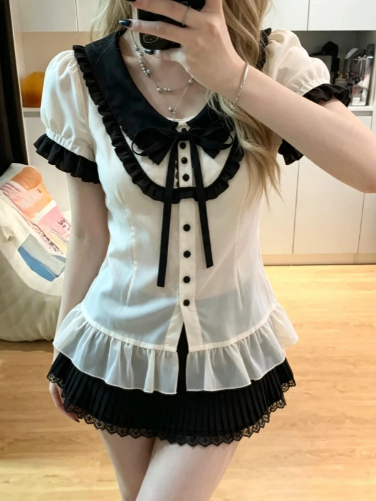 Women Fairy Grunge Spliced Blouse Japanese Harajuku Y2K Elegant Sweet Fluffy Ruffle Fashion Tops Casual Korean Holiday Clothing