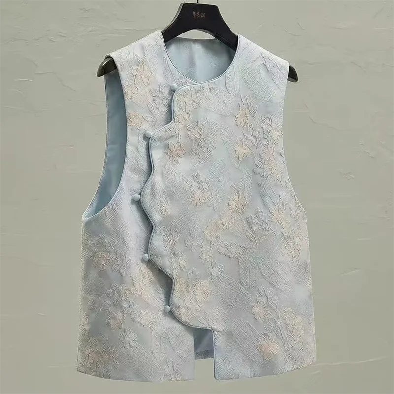 New Women Coat Fashion Chinese National Style Women's Clothing Spring and Summer Blue Embossed Jacquard Stacked Loose Vest Coat