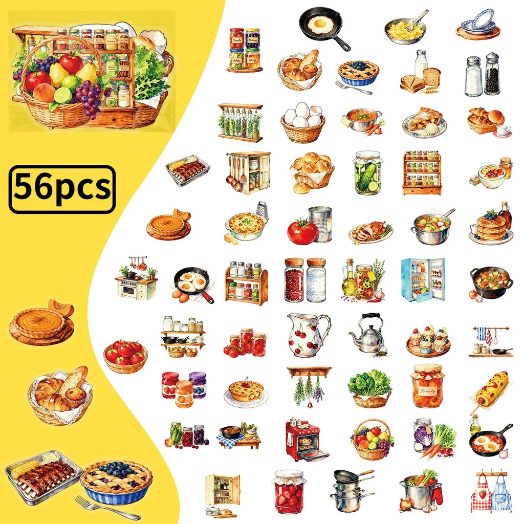 56Pcs Retro Kitchen PET Stickers, Warm Baking Food & Cookware Pattern Decals for DIY Aesthetic Decoration Papery Pop Store