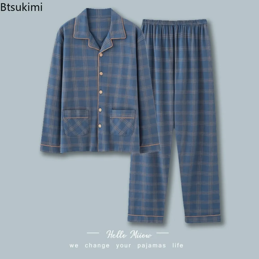 2PCS/Set Men's Pajamas Set Plaid Print Lapel Long Sleeve Single Breasted Shirt Elastic Waist Long Pants Set Loose Fit Loungewear