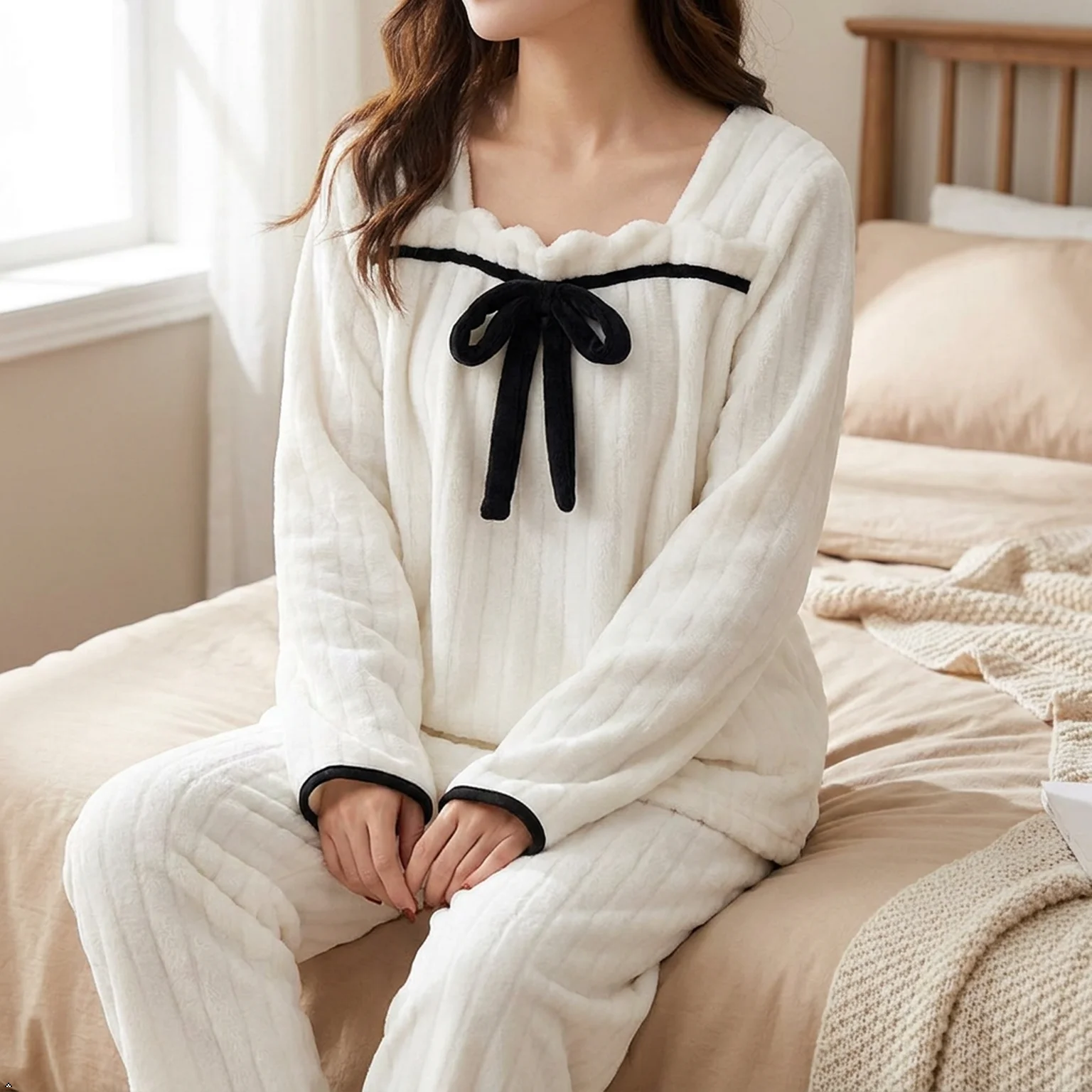 

Women's Winter Cute Bow Flannel Pajama Set, Long Square Neck Warm Loungewear, White