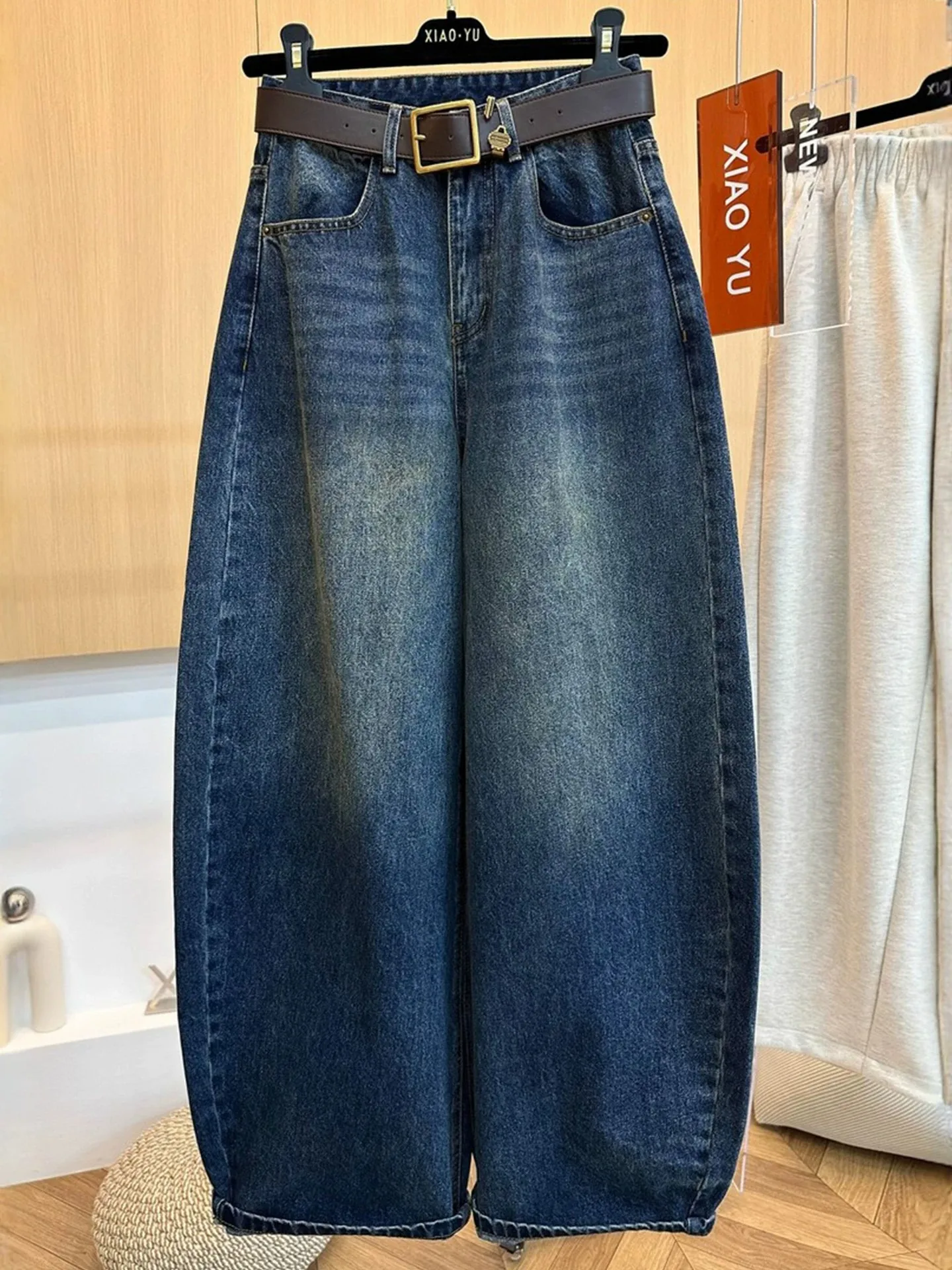Retro Blue Knife Denim Jeans Women's Summer New Large Size Pear Shaped Hip Covering Loose Slim Straight Wide Leg Pants