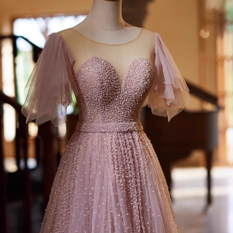 Customized Pink Women Wedding Party Dresses Sheer Neck Short Sleeve Corset Beads A Line Long Formal Occasion Wear Evening Prom