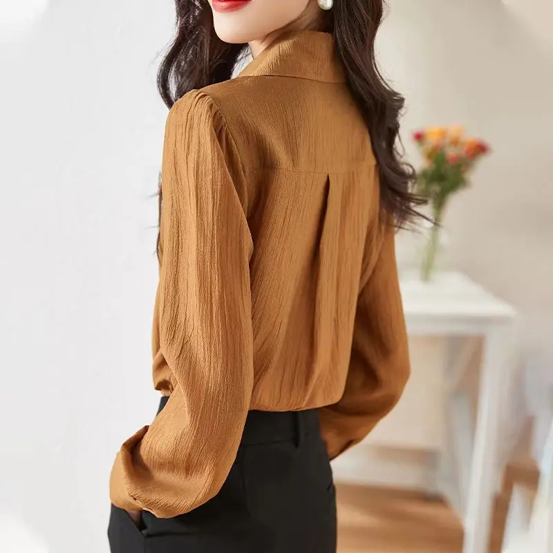 Women Korean Fashion Design Elegant Button Shirts Autumn Winter Office Lady Business Casual Blouses Solid Long Sleeve Loose Tops