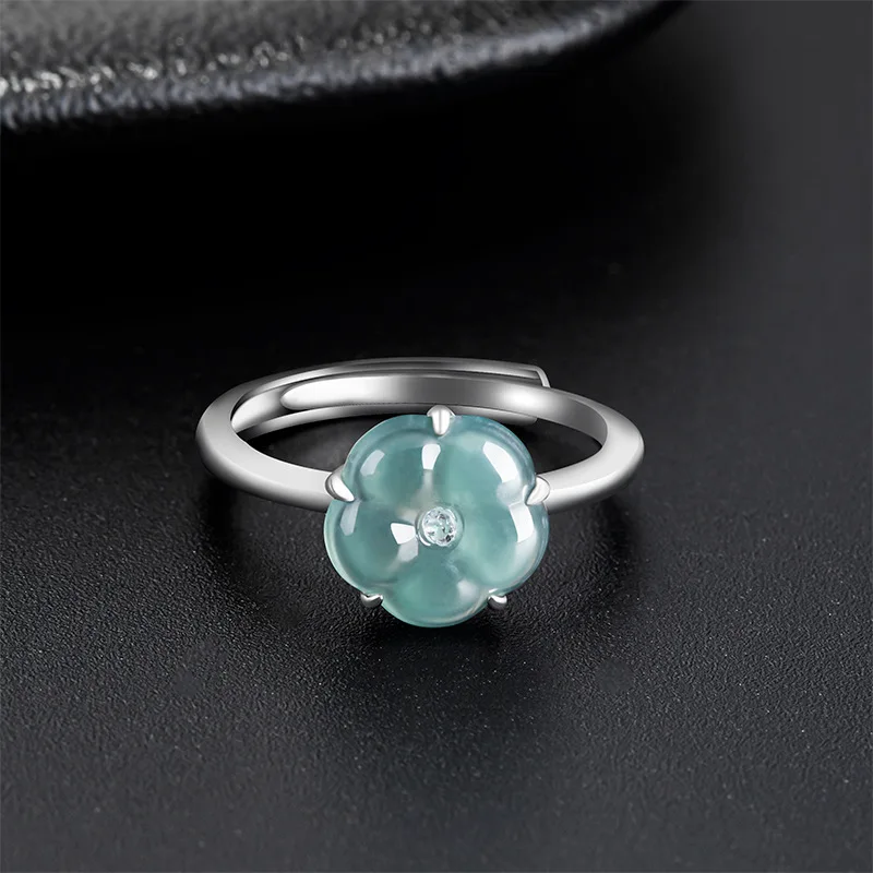 Natural A-grade Jade Blue Peach Blossom Ring Ice Jadeite Petals S925 Silver Set Fashion Ring For Women's Jewelry Adjustment