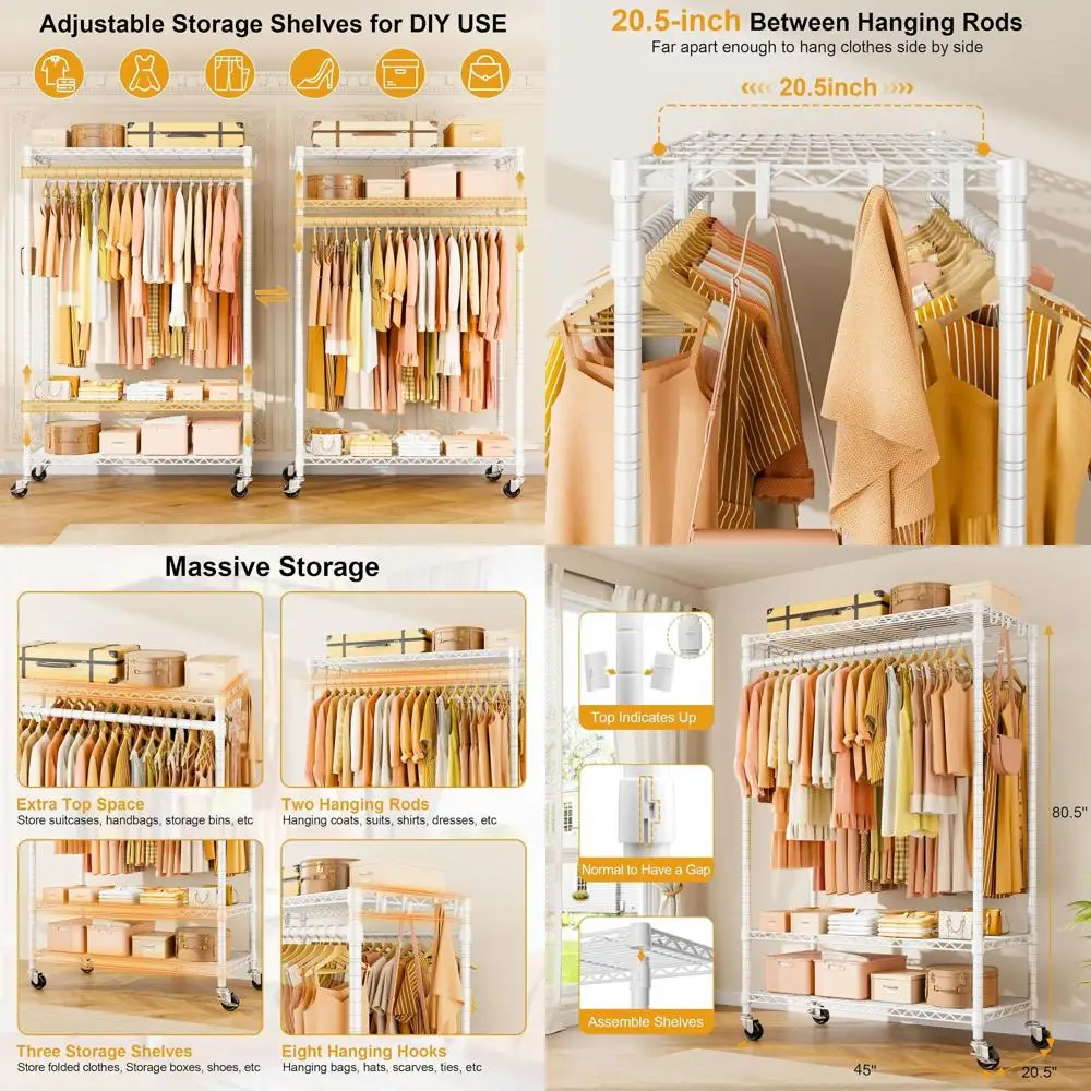 

3-ярусная усиленная портативная вешалка для одежды на колесиках, 45W × 20.5D × 80.5H, белая, выдерживает до 480 фунтов.