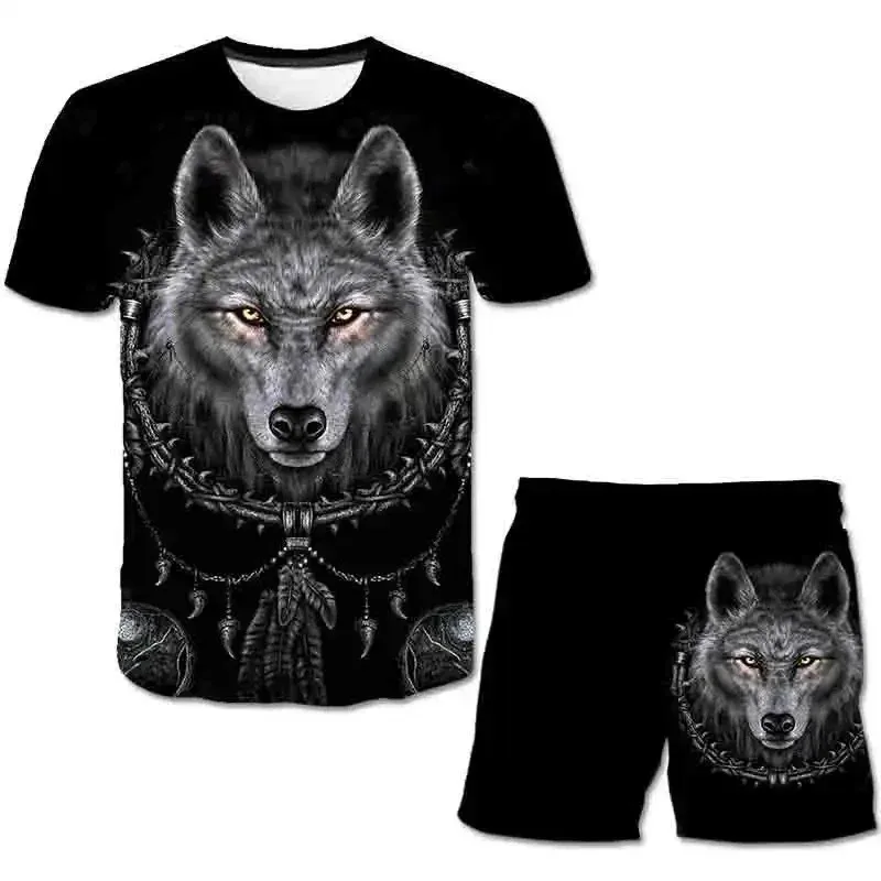 2025 Summer Casual T-shirt Shorts 2-piece Set Fashion High Quality Men's T-shirt Set Animal 3D Printed Wolf Totem