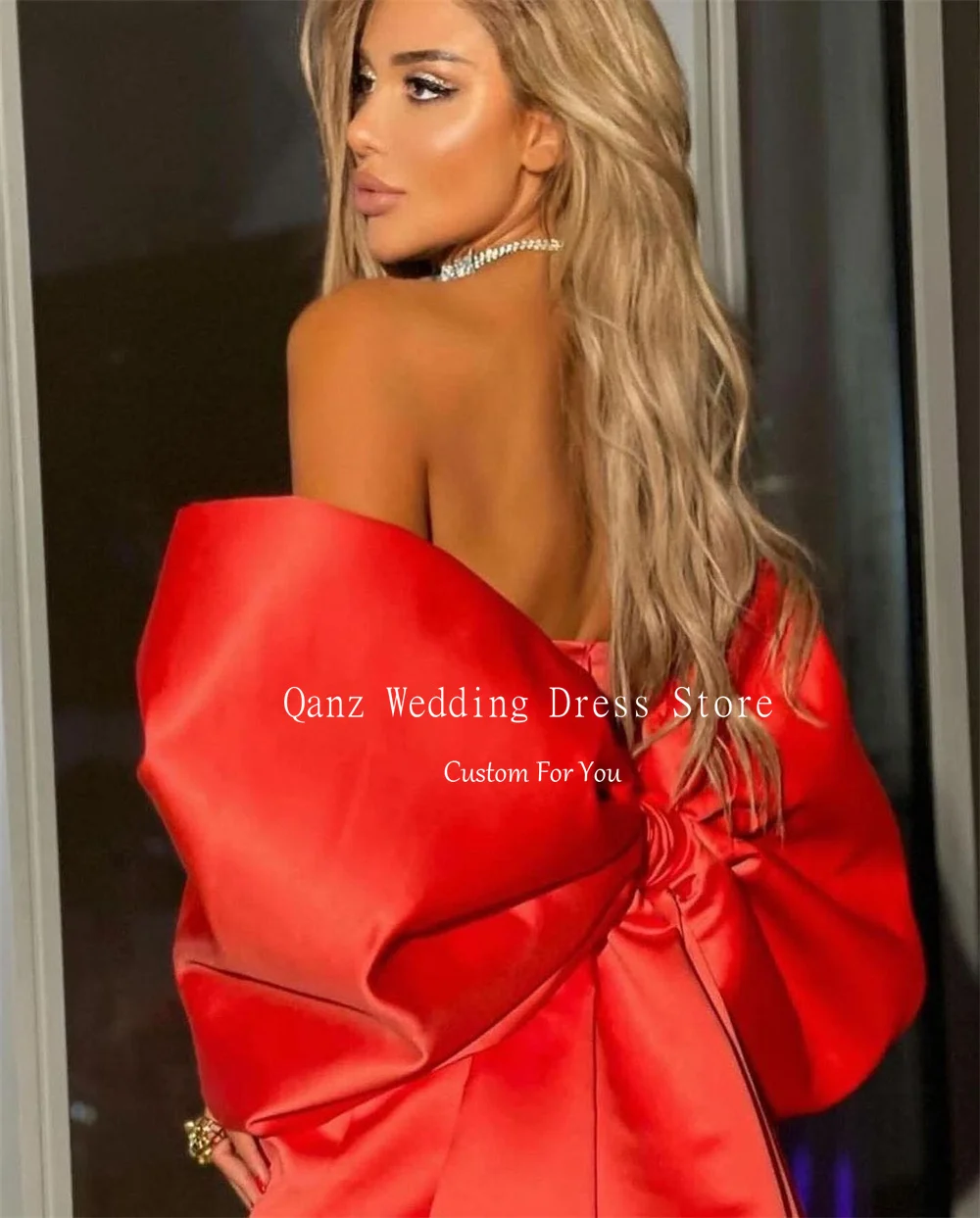 Qanz Modern Red Satin Prom Dresses Bow Shawl 2 Pieces Strapless Short Birthday Dress Women Party Cocktail Dress Customized