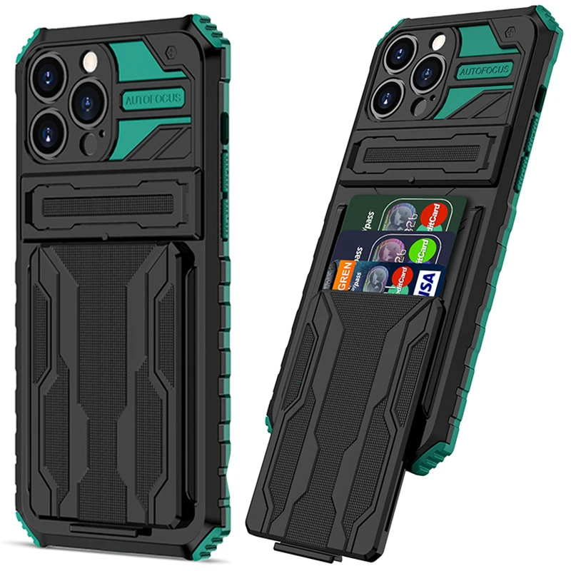 

Shockproof Armor Phone Case For iPhone 15 Pro Max 14 13 12 Pro Max 15 Plus 13 Pro Card Slots Stand Holder Back Cover