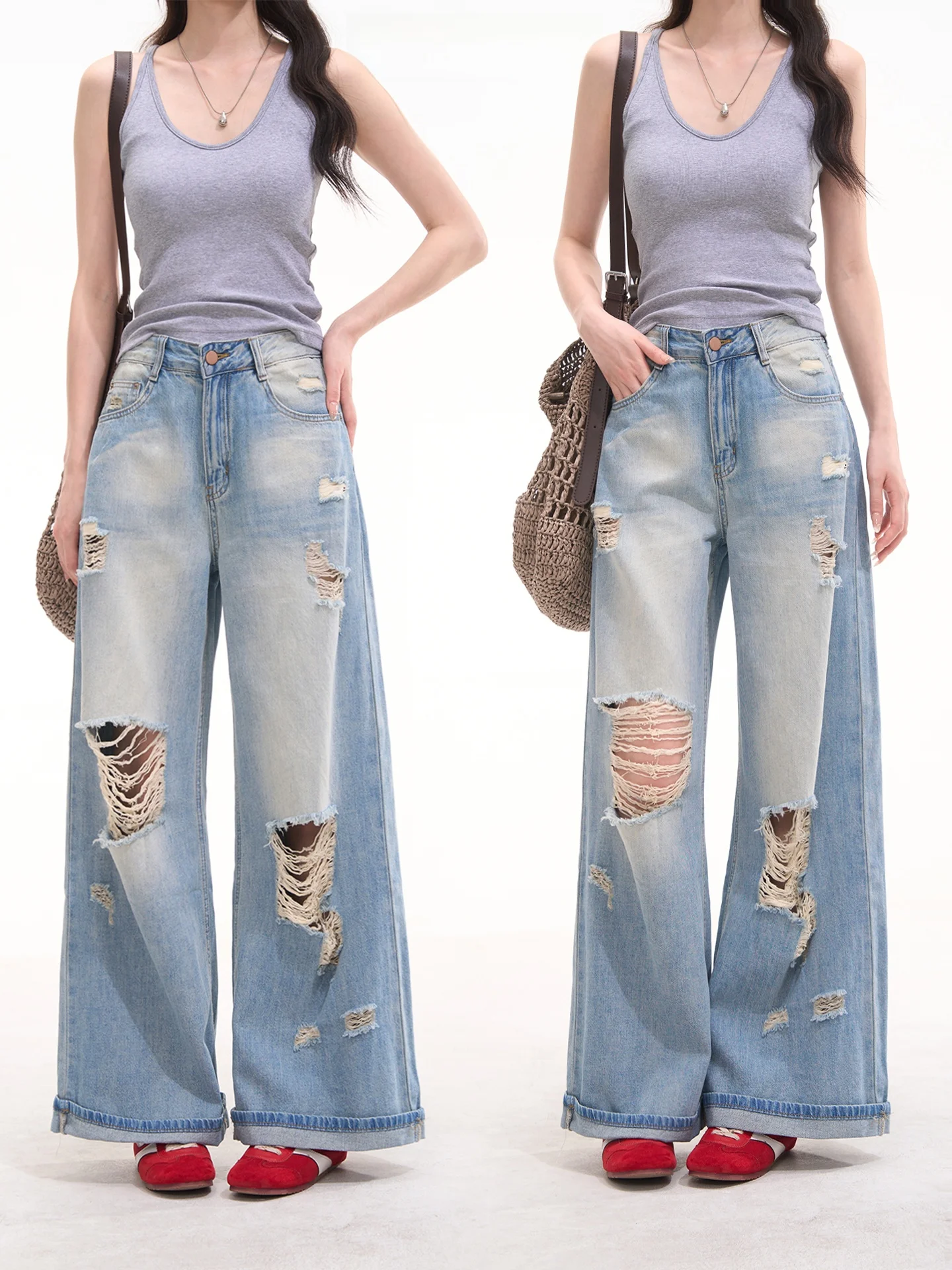 

Sweet Cool Girl American Retro Feel Hole Denim Pants Women Summer Loose Wide Leg Jeans Cotton Natural Waist Button Closure